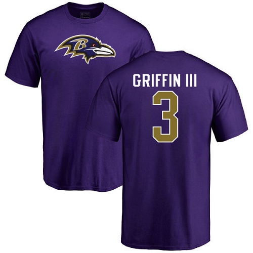 Men Baltimore Ravens Purple Robert Griffin III Name and Number Logo NFL Football #3 T Shirt->youth nfl jersey->Youth Jersey